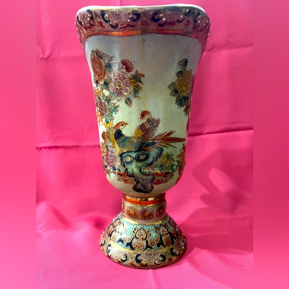 Vintage Chinese Gold Happiness Birds Hand Painted Pitcher Vase - Picture 5 of 5
